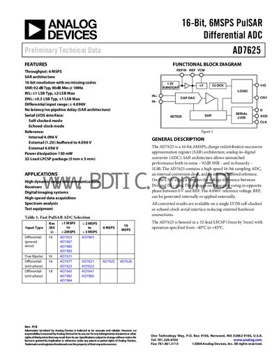 Analog Devices AD7625 16‑Bit 6 MSPS SAR ADC Datasheet - cover page