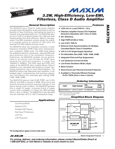 Maxim MAX9759 Class D Audio Amplifier Datasheet