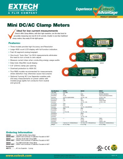 Extech 380942 True RMS 30A Mini Clamp Meter Ordering Information - cover page