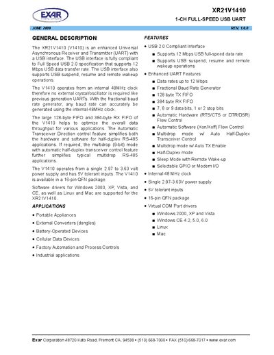 EXAR XR21V1410 USB UART Datasheet - cover page