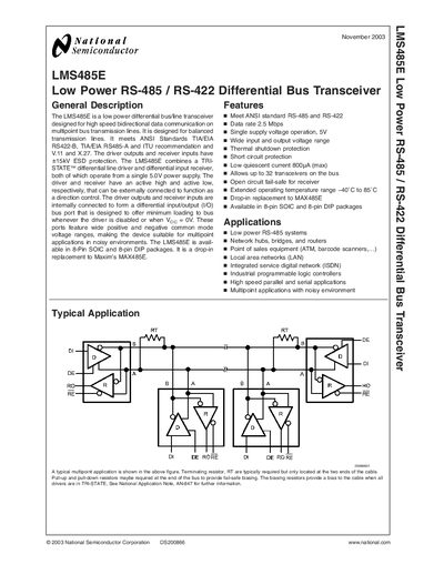 National Semiconductor LMS485E Low Power RS-485/RS-422 Differential Bus Transceiver Datasheet - cover page