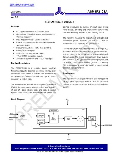 Alliance Semiconductor ASM3P2108A Spread Spectrum Frequency Modulator Datasheet