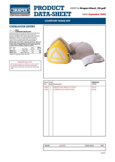 Draper FM2 Comfort Mask Set Datasheet - cover page