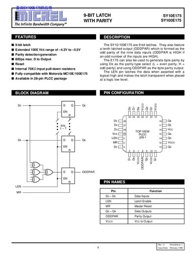 Micrel SY10E175 / SY100E175 9-bit Latch with Parity Datasheet - cover page