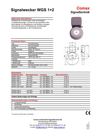 Comax WGS 1+2 Signal Bell Technical Data Sheet - cover page