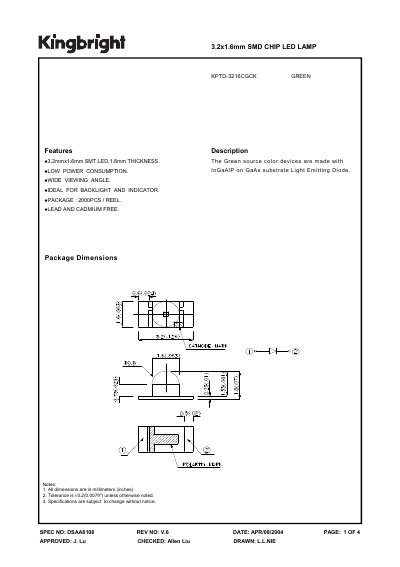 KINGBRIGHT -KPTD-3216CGCK GREEN 3.2x1.6mm SMD CHIP LED LAMP Manual - cover page