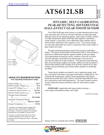 Allegro ATS612LSB Gear-Tooth Sensor Datasheet - cover page