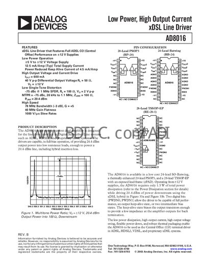 Analog Devices AD8016 Line Driver Datasheet - cover page