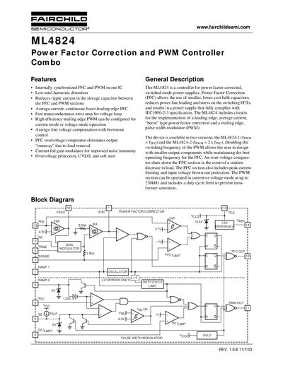 Fairchild ML4824 Power Factor Correction PWM Controller Datasheet - cover page