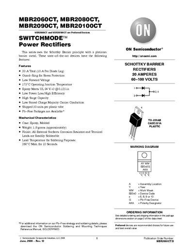 ON Semiconductor MBR2060CT, MBR2080CT, MBR2090CT, MBR20100CT Schottky Barrier Rectifier Datasheet - cover page