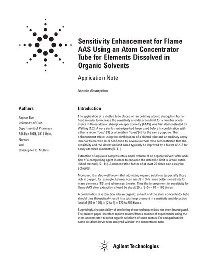 Agilent SpectrAA-10B0 Flame AAS Sensitivity Enhancement Using an Atom Concentrator Tube Application Note - cover page