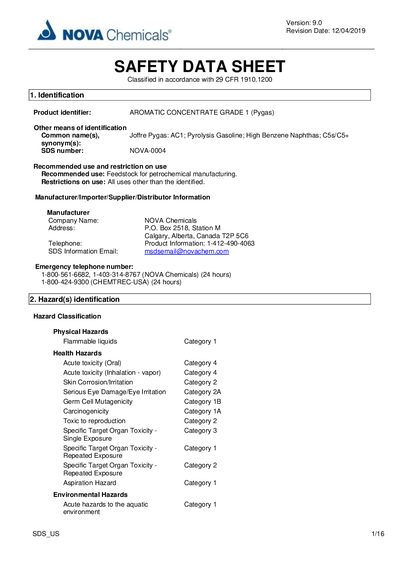 NOVA Chemicals Aromatic Concentrate Grade 1 (Pygas) Safety Data Sheet
