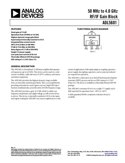 Analog Devices ADL5601 RF/IF Gain Block Datasheet - cover page