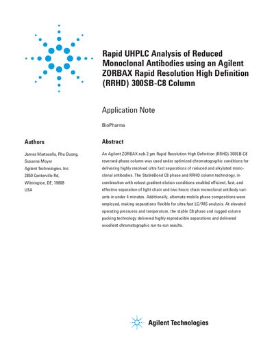 Agilent ZORBAX RRHD 300SB-C8 Column Application Note - cover page