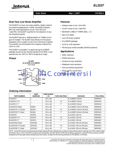 Intersil EL2227 Dual Very Low Noise Amplifier Datasheet - cover page