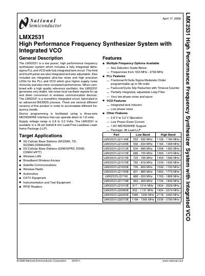 National Semiconductor LMX2531 Integrated VCO Datasheet - cover page