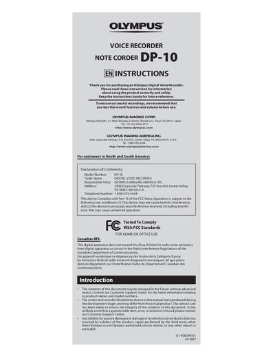 Olympus DP-10 Voice Recorder User Manual - cover page