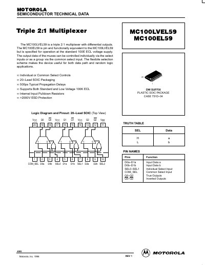 Motorola MC100LVEL59/MC100EL59 Triple 2:1 Multiplexer Datasheet - cover page