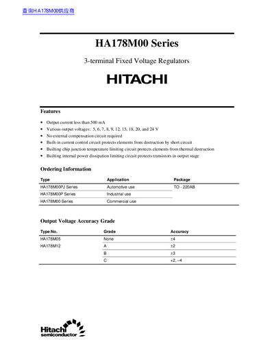 Hitachi HA178M00 3-terminal Fixed Voltage Regulator Manual - cover page
