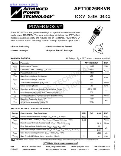 ADVANCED POWER TECHNOLOGY APT10026RKVR 1000V 0.48A 26.0 handbook - cover page