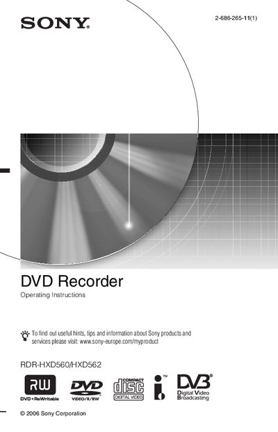 Sony RDR-HXD560/HXD562 DVD Recorder Operating Instructions - cover page