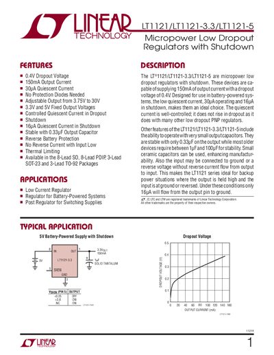 LINEAR TECHNOLOGY LT1121/LT1121-3.3/LT1121-5 handbook