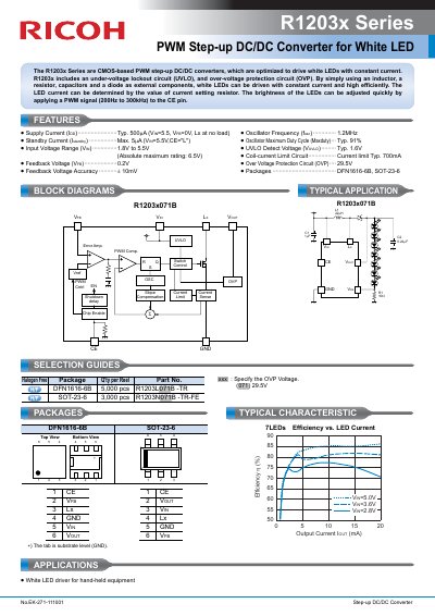 Ricoh R1203x Series PWM Step-up DC/DC Converter for White LED Datasheet - cover page