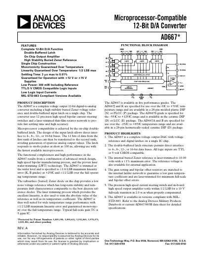 Analog Devices AD667 12‑Bit DAC Datasheet - cover page