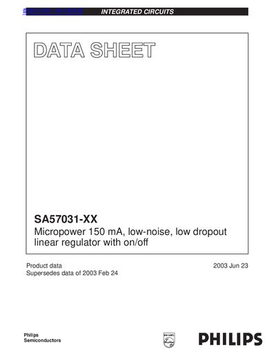 Philips SA57031-XX Micropower 150 mA Low‑Noise Low‑Dropout Linear Regulator with On/Off Datasheet - cover page