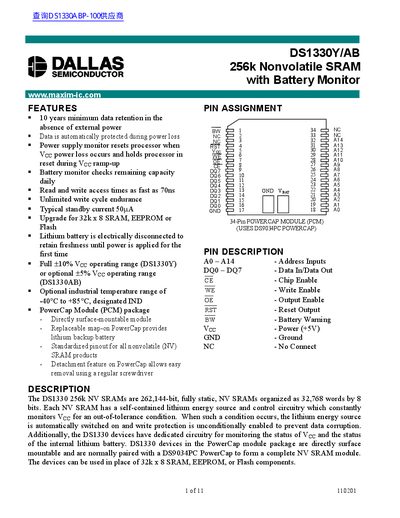 Maxim DS1330Y/AB 256k Nonvolatile SRAM Datasheet - cover page