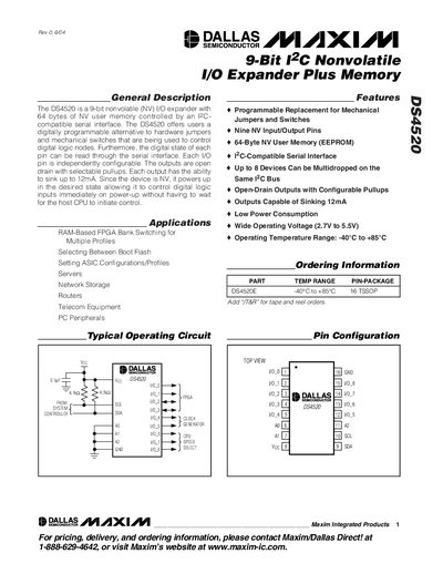 Maxim DS4520 I2C Nonvolatile I/O Expander Datasheet - cover page
