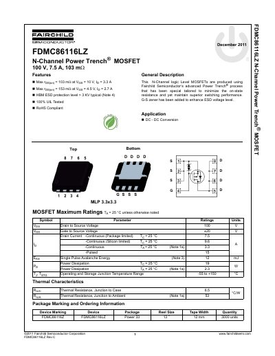 Fairchild FDMC86116LZ N-Channel Power Trench MOSFET Datasheet - cover page