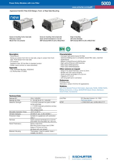 Schurter Power Entry Modules Line Filter Datasheet - cover page