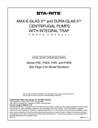 Sta-Rite Max-E-Glas II and Dura-Glas II Centrifugal Pumps with Integral Trap Owner's Manual