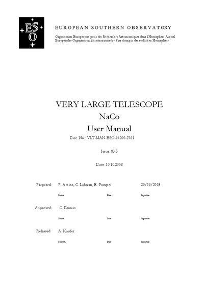 VERY LARGE TELESCOPE NaCo VLT-MAN-ESO-14200-2761 User Manual - cover page