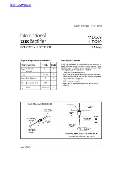 International Rectifier 11DQ09/11DQ10 Schottky Rectifier Datasheet - cover page