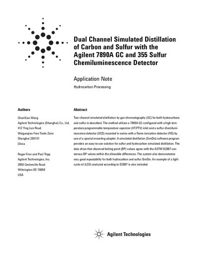 Agilent 7890A GC and 355 SCD Dual Channel Simulated Distillation Application Note - cover page