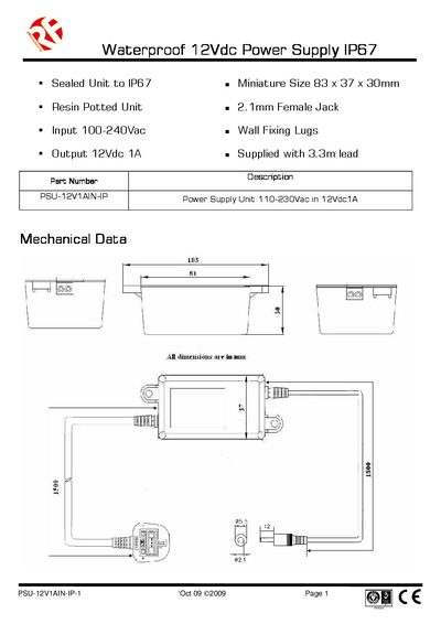 RF Solutions PSU-12V1AIN-IP-1 Power Supply Datasheet - cover page