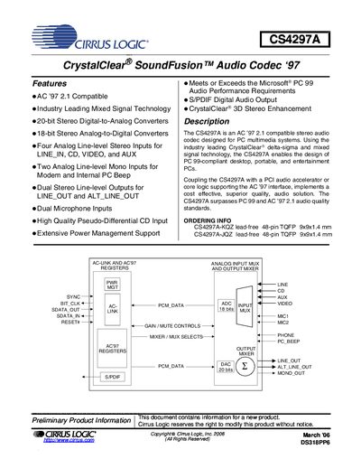 Cirrus Logic CS4297A Audio Codec Datasheet - cover page