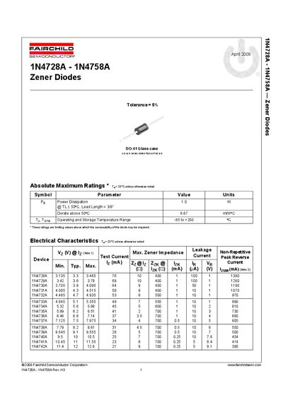 Fairchild 1N4728A‑1N4758A Zener Diodes Datasheet - cover page