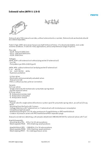 Festo JMFH-5-3/8-B Technology Data - cover page