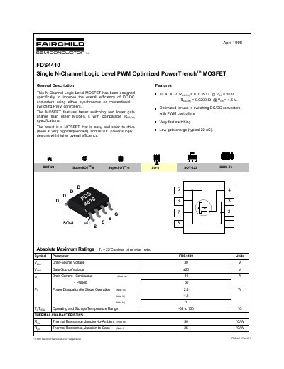 Fairchild FDS4410 N-Channel MOSFET Datasheet - cover page