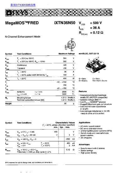 IXYS IXTN36N50 MegaMOS FRED Datasheet - cover page