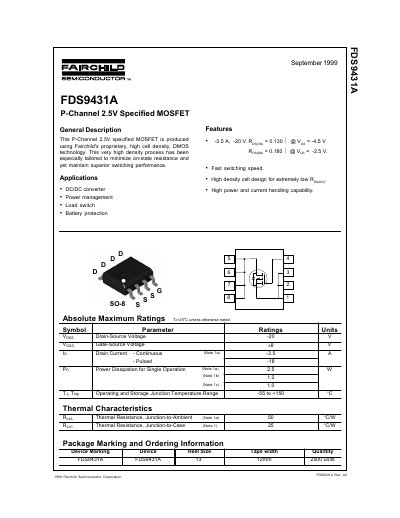 Fairchild FDS9431A P-Channel MOSFET Datasheet - cover page