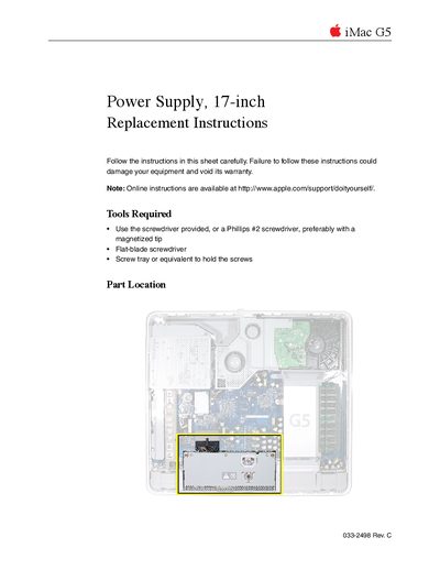 Apple iMac G5 17-inch Power Supply Replacement Instructions - cover page