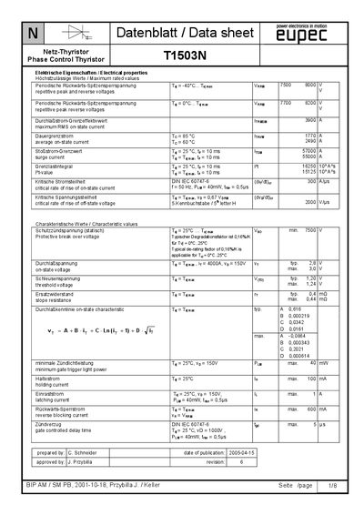 EUPEC T1503N Phase Control Thyristor Datasheet - cover page