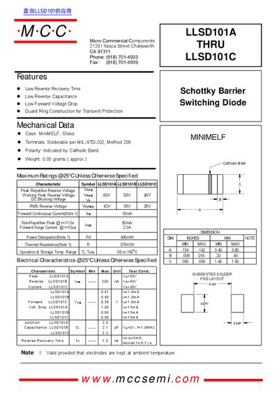 Micro Commercial Components LLSD101A THRU LLSD101C Schottky Barrier Switching Diode Datasheet - cover page