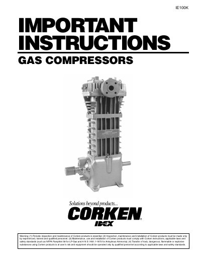 Corken IE100K Gas Compressor Important Instructions - cover page