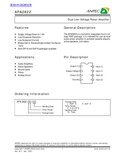 ANPEC APA2822 Dual Low-Voltage Power Amplifier Datasheet - cover page