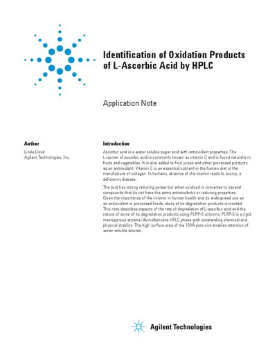 Agilent Identification of Oxidation Products of L-Ascorbic Acid by HPLC Application Note - cover page